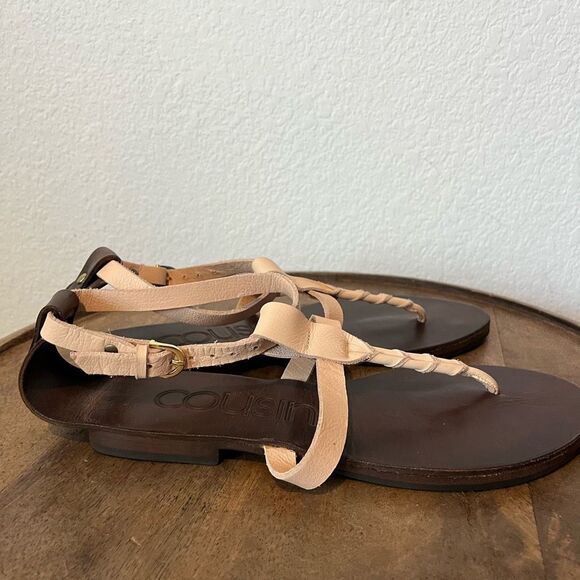 Cousin Tan Veg Tan Leather Jinjer Twist-Strap Thong Sandals Women's Size 38 US 8 - Picture 2 of 7
